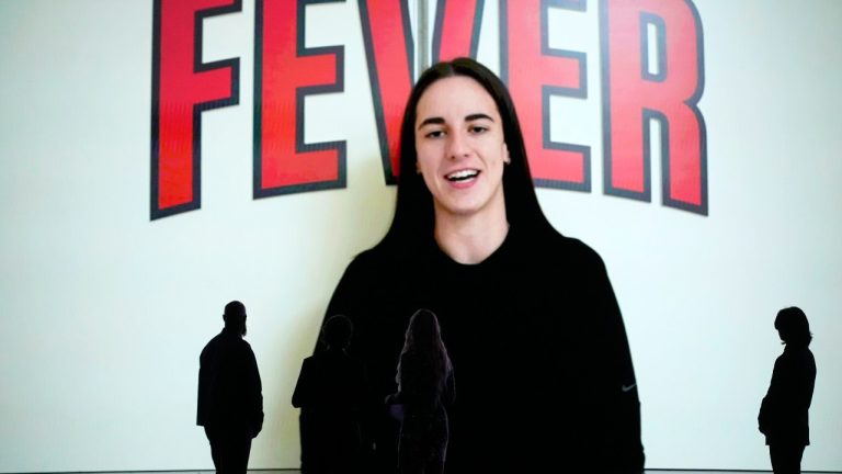 Caitlin Clark delivers a video message after she was awarded the the Best Record-Breaking Performance award at the ESPY awards on Thursday, July 11, 2024, at the Dolby Theatre in Los Angeles. (Mark J. Terrill/AP)