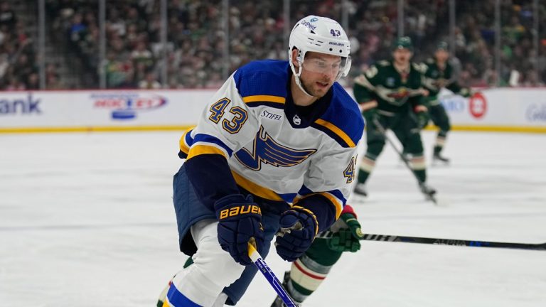 St. Louis Blues defenceman Calle Rosen skates with the puck during the first period of an NHL game against the Minnesota Wild, April 8, 2023. (AP Photo/Abbie Parr)