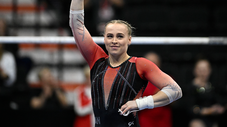 Ellie Black waves after competing in the uneven bars in the Women's Artistic Gymnastics competition of the 2024 Canadian Gymnastics Championships, in Gatineau, Que., on Friday, June 7, 2024.(Justin Tang/CP)