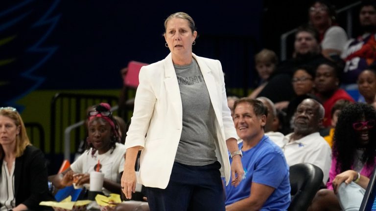Minnesota Lynx head coach Cheryl Reeve watches play against the Dallas Wings during a WNBA game in Arlington, Texas, Aug. 24, 2023. (AP Photo/Tony Gutierrez)