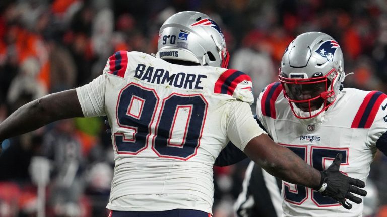 New England Patriots defensive tackle Christian Barmore celebrates a play during an NFL game against the Denver Broncos, December 24, 2023. (AP Photo/Bart Young)