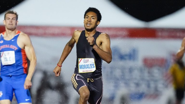 Christopher Morales-Williams competes in the 400m finals at the Canadian Track and Field Olympic trials in Montreal, June 29, 2024. (THE CANADIAN PRESS/Christinne Muschi)