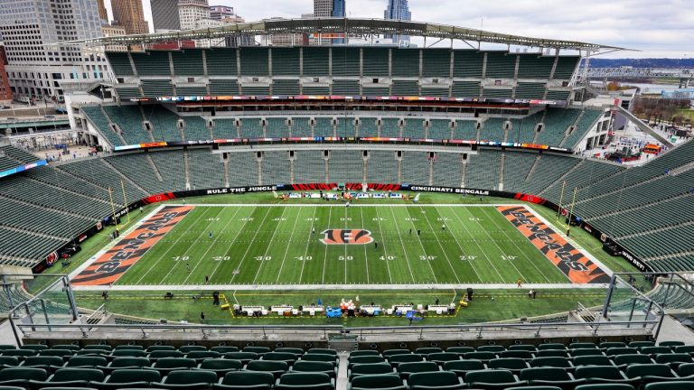 A stadium view of Cincinnati Bengals's Paycor Field is shown before fans are permitted in before an NFL game against the Indianapolis Colts, Sunday, Dec. 10, 2023. (AP Photo/Peter Joneleit)