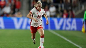 Canada's Cloe Lacasse plays against the United States during a SheBelieves Cup women's soccer match Tuesday, April 9, 2024, in Columbus, Ohio. (Jay LaPrete/AP)