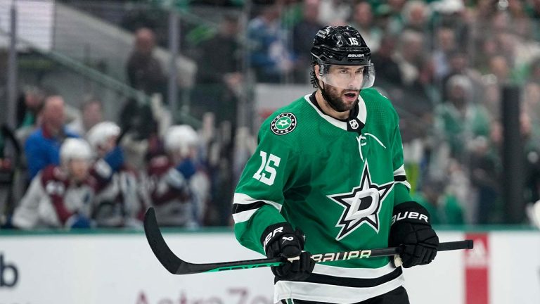 Dallas Stars center Craig Smith waits on a face off against the Colorado Avalanche in Game 5 of an NHL hockey Stanley Cup second-round playoff series in Dallas, Wednesday, May 15, 2024. (Tony Gutierrez/AP)