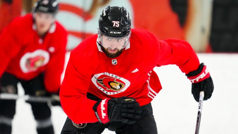 Ottawa Senators' Egor Sokolov (75) skates up ice during the Ottawa Senators training camp in Ottawa on Thursday, Sept. 21, 2023. (THE CANADIAN PRESS/Sean Kilpatrick)
