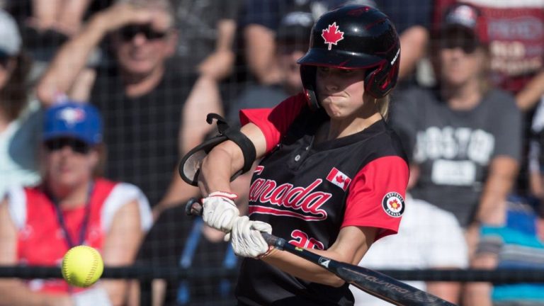 Canada's Larissa Franklin hits a two-run single during second inning playoff action against Brazil at the Softball Americas Olympic Qualifier tournament in Surrey, B.C., on Sunday September 1, 2019. (Darryl Dyck/CP Photo)
