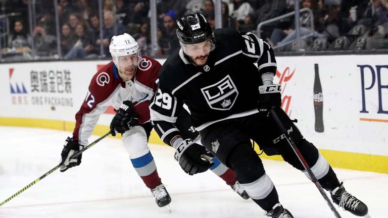 Los Angeles Kings' Martin Frk (29) is chased by Colorado Avalanche's Joonas Donskoi during the second period of an NHL hockey game Monday, March 9, 2020, in Los Angeles. (Marcio Jose Sanchez/AP)
