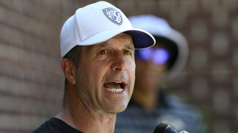 Baltimore Ravens head coach John Harbaugh talks to the media after an NFL football training camp practice, Sunday, July 21, 2024, in Owings Mills, Md. (Nick Wass/AP Photo)