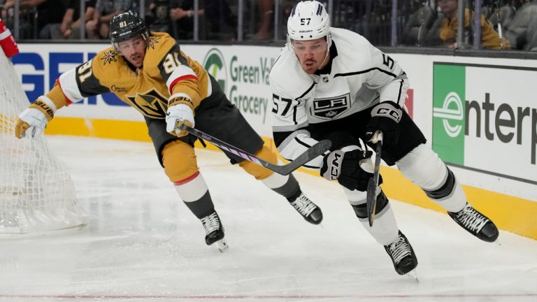 Los Angeles Kings Hayden Hodgson skates around Vegas Golden Knights right wing Jonathan Marchessault during the second period of an NHL hockey preseason game Wednesday, Sept. 27, 2023, in Las Vegas. (John Locher/AP Photo)