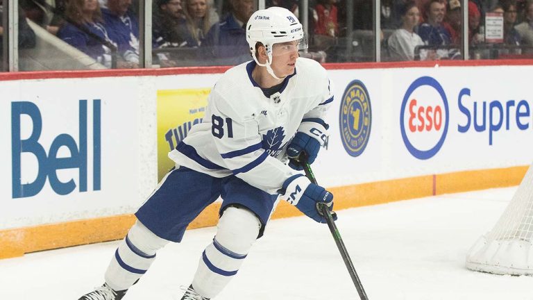 Toronto Maple Leafs defenceman Mac Hollowell (81) during preseason NHL action against Ottawa Senators at the CAA arena in Belleville, Ontario on Friday, September 30, 2022. (Lars Hagberg/CP)