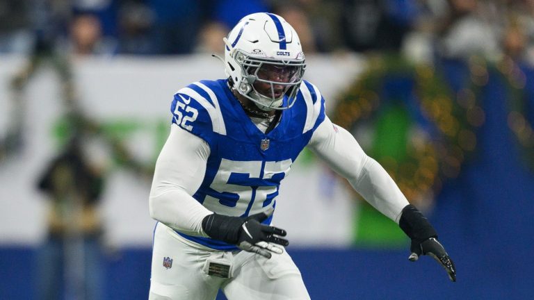 Indianapolis Colts defensive end Samson Ebukam rushes around the edge during an NFL game against the Las Vegas Raiders, Dec. 31, 2023. (AP Photo/Zach Bolinger)