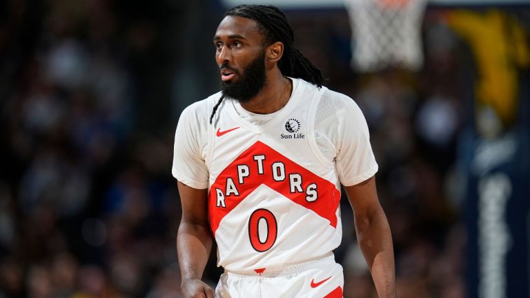 Toronto Raptors guard Javon Freeman-Liberty in the second half of an NBA basketball game Monday, March 11, 2024, in Denver. (David Zalubowski/AP Photo)