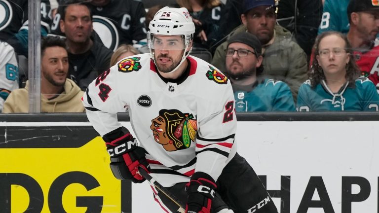 Chicago Blackhawks defenceman Jaycob Megna during an NHL game against the San Jose Sharks, March 23, 2024. (AP Photo/Jeff Chiu)