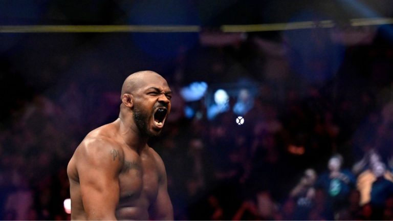 Jon Jones reacts after his victory over Ciryl Gane in a UFC 285 mixed martial arts heavyweight title bout Saturday, March 4, 2023, in Las Vegas. (David Becker/AP Photo)