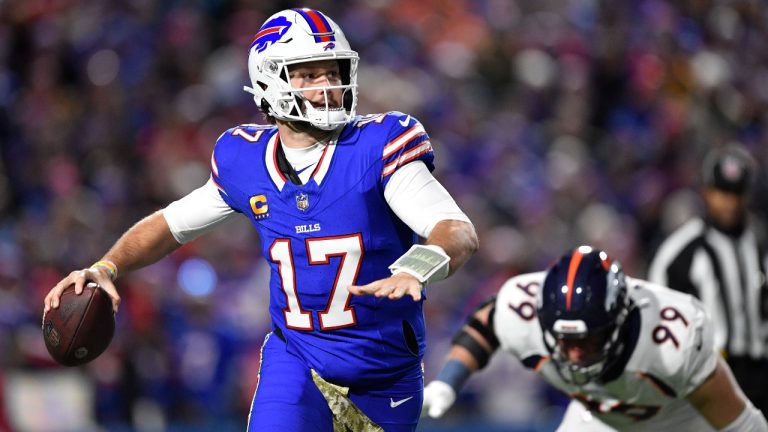 Buffalo Bills quarterback Josh Allen looks to throw during the first half an NFL football game against the Denver Broncos, Monday, Nov. 13, 2023, in Orchard Park, N.Y. (AP Photo/Adrian Kraus)
