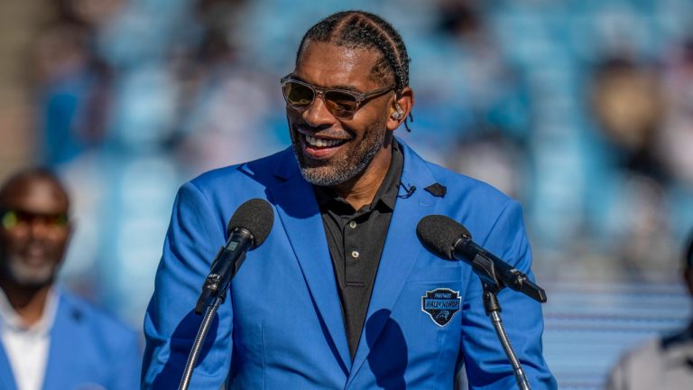 Carolina Panthers great Julius Peppers is inducted into the the Panthers Hall of Honour during a halftime ceremony at an NFL game between the Carolina Panthers and Houston Texans, Oct. 29, 2023. (AP Photo/Rusty Jones)