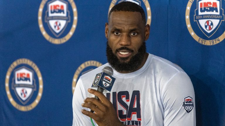 LeBron James responds to a question from a reporter during training camp for the United States men's basketball team Saturday, July 6, 2024, in Las Vegas. (Steve Marcus/AP)