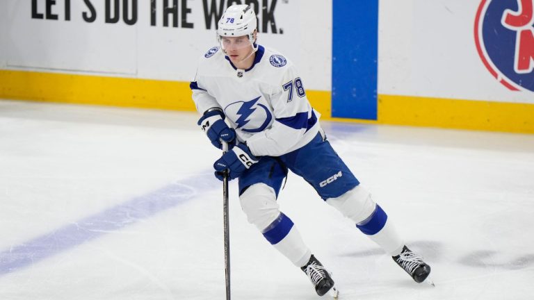 Tampa Bay Lightning defenceman Emil Lilleberg warms up before the start of Game 2 of the first-round of an NHL Stanley Cup Playoff series, Tuesday, April 23, 2024, in Sunrise, Fla. (Wilfredo Lee/AP Photo)