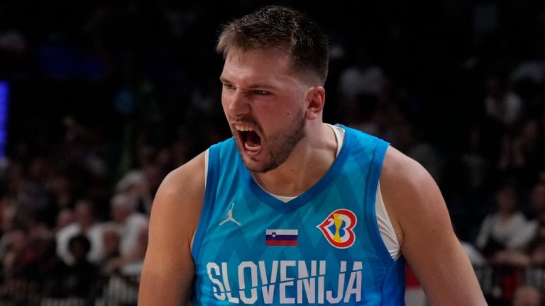 Slovenia guard Luka Doncic reacts after getting fouled in the first half of the Basketball World Cup group F match in Okinawa, southern Japan, Aug. 28, 2023. (AP Photo/Hiro Komae)