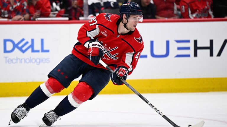 Washington Capitals left wing Beck Malenstyn in action during the second period of an NHL hockey game against the Boston Bruins, Monday, April 15, 2024, in Washington. (Nick Wass/AP Photo)