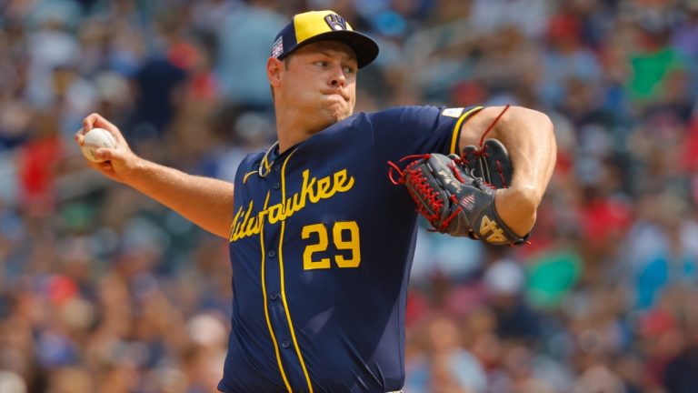 Milwaukee Brewers relief pitcher Trevor Megill throws to the Minnesota Twins in the ninth inning of a baseball game. (Bruce Kluckhohn/AP)