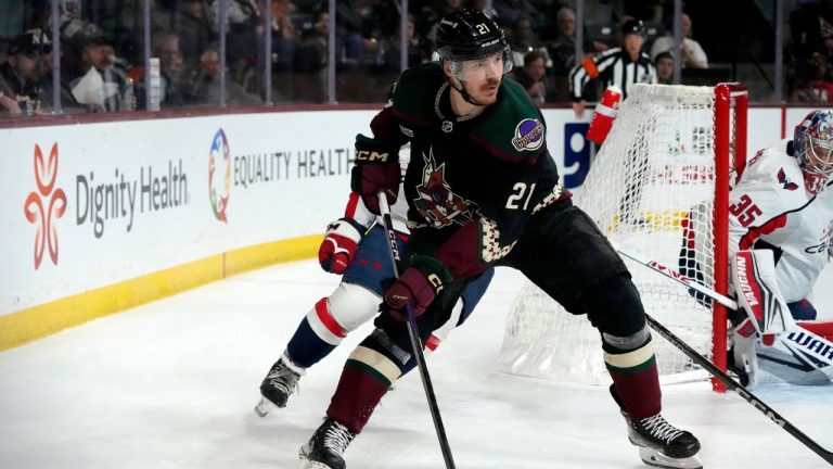 Arizona Coyotes left wing Milos Kelemen skates with the puck against the Washington Capitals during the first period of an NHL hockey game Monday, Dec. 4, 2023, in Tempe, Ariz. (Ross D. Franklin/AP Photo)
