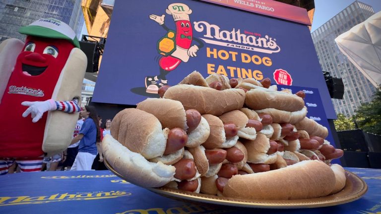 Nathan's hotdogs are displayed during a weigh-in ceremony before the Nathan's Famous July Fourth hot dog eating contest, Wednesday, July 3, 2024, in New York. (AP Photo/John Minchillo)