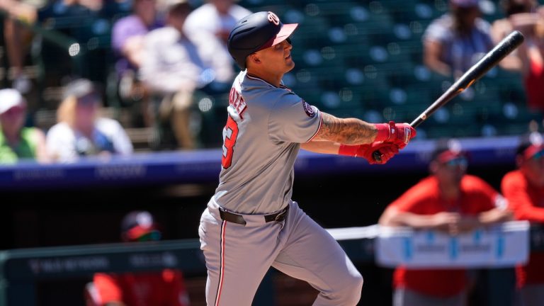 Washington Nationals third baseman Nick Senzel (13) in the second inning of a baseball game Sunday, June 23, 2024, in Denver. (AP/David Zalubowski)