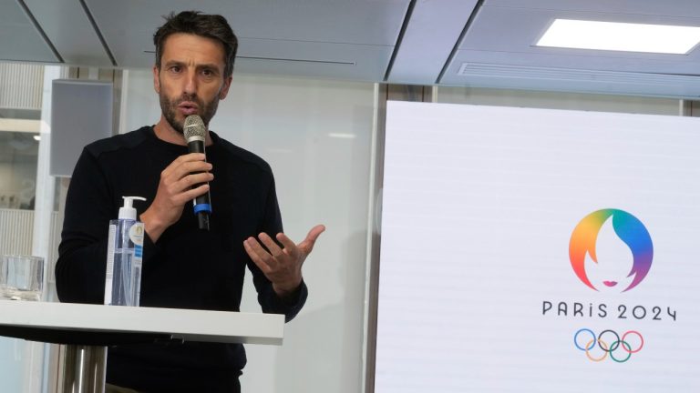 Paris Organising Committee of the 2024 Olympic and Paralympic Games President Tony Estanguet gives a press conference, in Saint-Denis, north of Paris, France, Wednesday, May 17, 2023. (AP Photo/Thibault Camus)