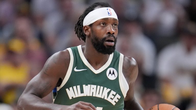 Milwaukee Bucks' Patrick Beverley dribbles during Game 4 of the first round of NBA playoff action against the Indiana Pacers, April 28, 2024. (AP Photo/Michael Conroy)
