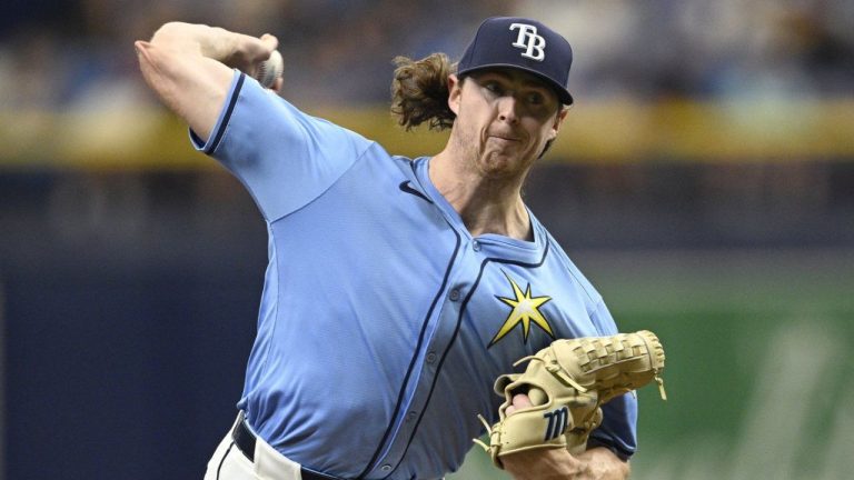 Tampa Bay Rays pitcher Ryan Pepiot throws to home plate during the first inning of a baseball game against the Cleveland Guardians, Sunday, July 14, 2024, in St. Petersburg, Fla. (Phelan M. Ebenhack/AP Photo)
