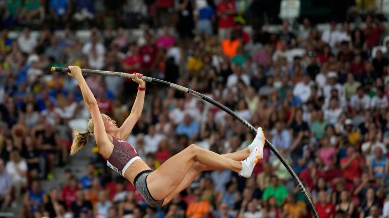 Alysha Newman, of Canada, makes an attempt in the Women's pole vault qualification during the World Athletics Championships in Budapest, Hungary, Monday, Aug. 21, 2023. (Matthias Schrader/AP Photo)