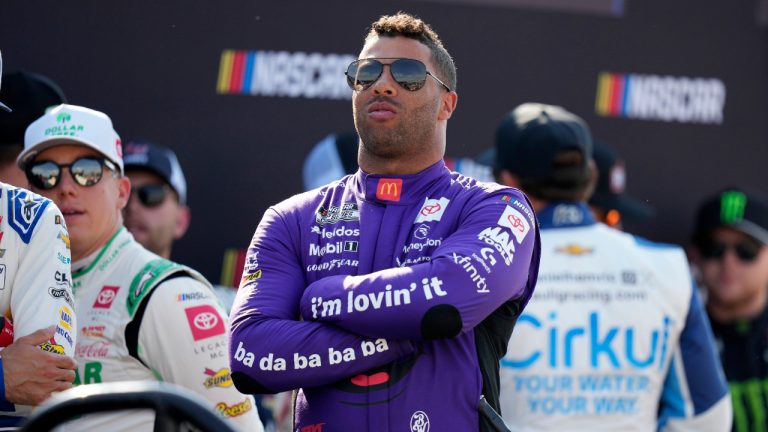 Bubba Wallace looks on before driver introductions at a NASCAR Cup Series auto race, Sunday, June 16, 2024, at Iowa Speedway in Newton, Iowa. (Charlie Neibergall/AP)