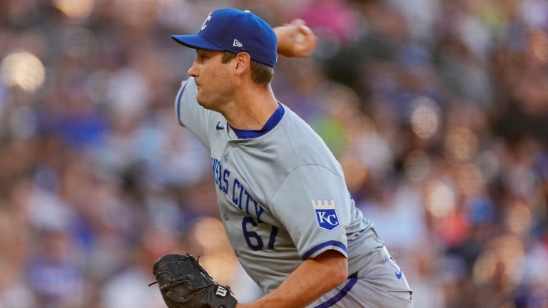 Kansas City Royals starting pitcher Seth Lugo works against the Colorado Rockies in the first inning of a baseball game Saturday, July 6, 2024, in Denver. (David Zalubowski/AP)