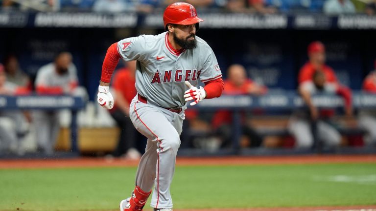 Los Angeles Angels' Anthony Rendon watches his single off Tampa Bay Rays relief pitcher Phil Maton during the eighth inning of a baseball game Thursday, April 18, 2024, in St. Petersburg, Fla. (Chris O'Meara/AP Photo)
