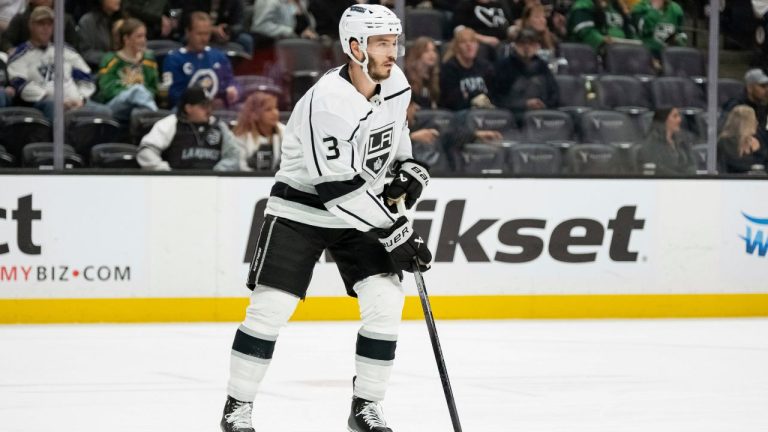 Los Angeles Kings defenceman Matt Roy controls the puck during the first period of an NHL hockey game against the Anaheim Ducks, Tuesday, April 9, 2024, in Anaheim, Calif. (William Liang/AP Photo)