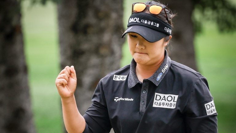 Korea's Haeran Ryu reacts to her putt on the putt on the fourth hole during the third round at the LPGA Canadian Women's Open golf tournament in Calgary, Alta., Saturday, July 27, 2024. (Jeff McIntosh/CP)