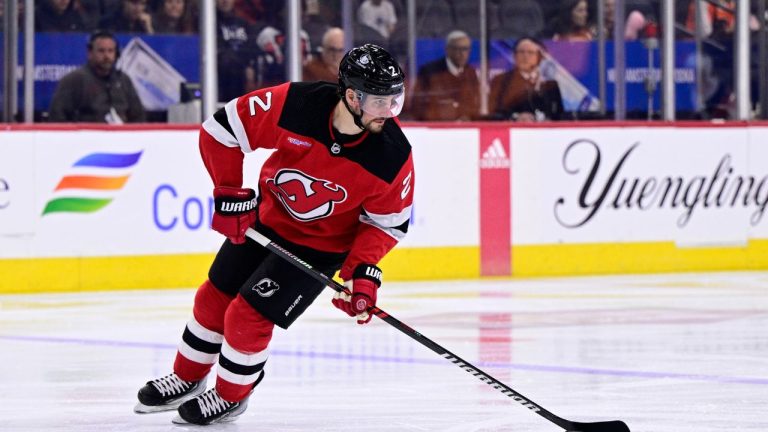 New Jersey Devils' Brendan Smith in action during an NHL hockey game against the Philadelphia Flyers, Saturday, April 13, 2024, in Philadelphia. (Derik Hamilton/AP Photo)