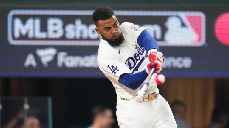 National League's Teoscar Hernandez, of the Los Angeles Dodgers, connects during the MLB baseball All-Star Home Run Derby, Monday, July 15, 2024, in Arlington, Texas. (Julio Cortez/AP)