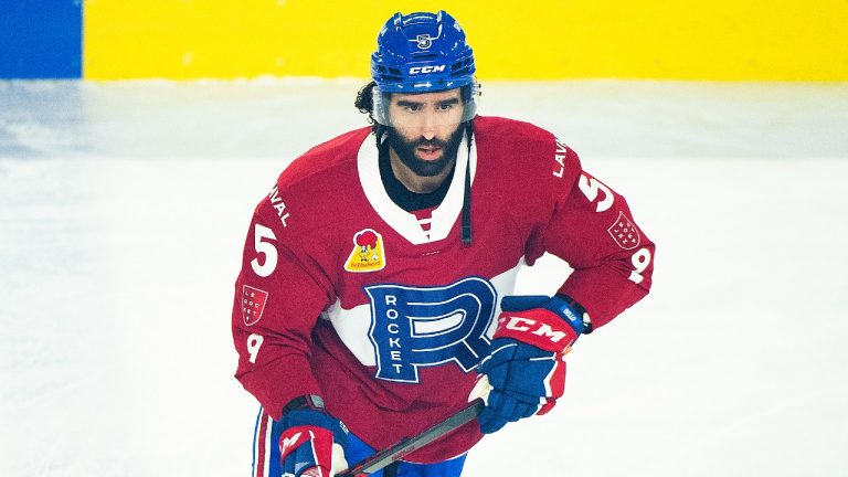 Laval Rocket's Tory Dello skates prior to an AHL playoff game agains the Springfield Thunderbirds in Laval, Que., June 8, 2022. (THE CANADIAN PRESS/Graham Hughes)