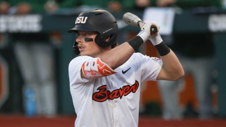 Oregon State infielder Travis Bazzana bats during an NCAA regional game against Tulane, May 31, 2024, in Corvallis, Ore. (AP Photo/Amanda Loman)