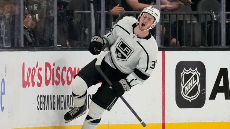 Los Angeles Kings center Tyler Madden (37) celebrates after scoring against the Vegas Golden Knights during overtime of an NHL hockey preseason game Wednesday, Sept. 27, 2023, in Las Vegas. (AP Photo/John Locher)