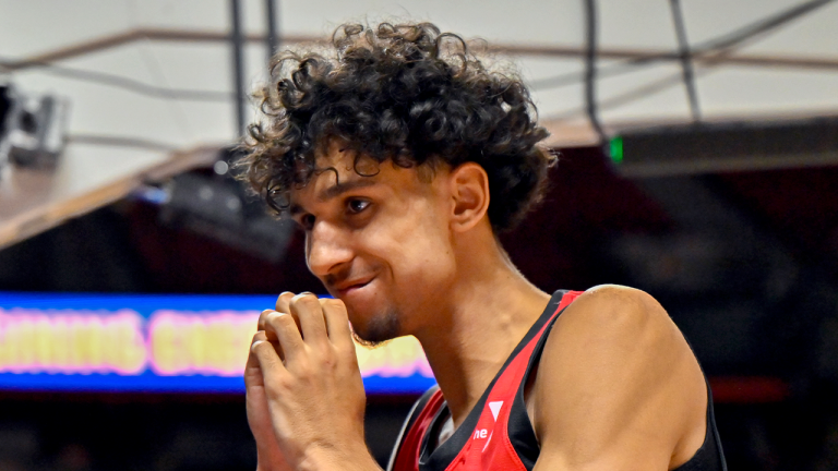 Atlanta Hawks forward Zaccharie Risacher (10) reacts after a play during the second half of an NBA summer league basketball game against the Washington Wizards Friday, July 12, 2024, in Las Vegas. (/David Becker/AP)
