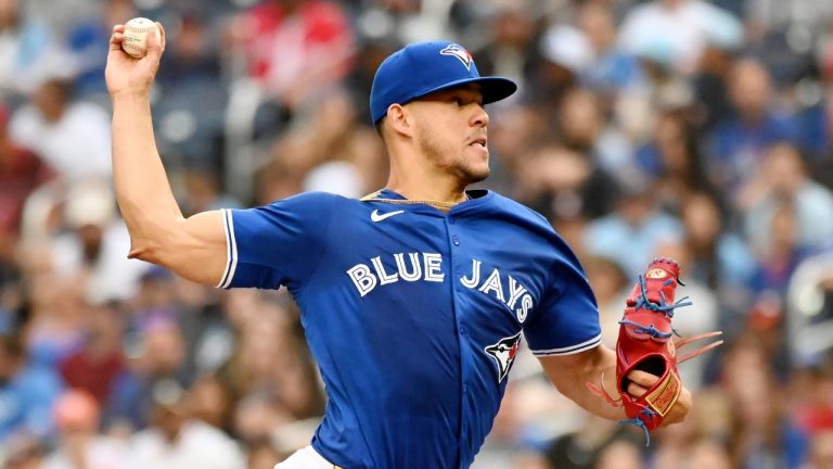 Toronto Blue Jays pitcher Jose Berrios (17) works against the Houston Astros during first inning MLB baseball action in Toronto on Tuesday, July 2, 2024. (Jon Blacker/CP)