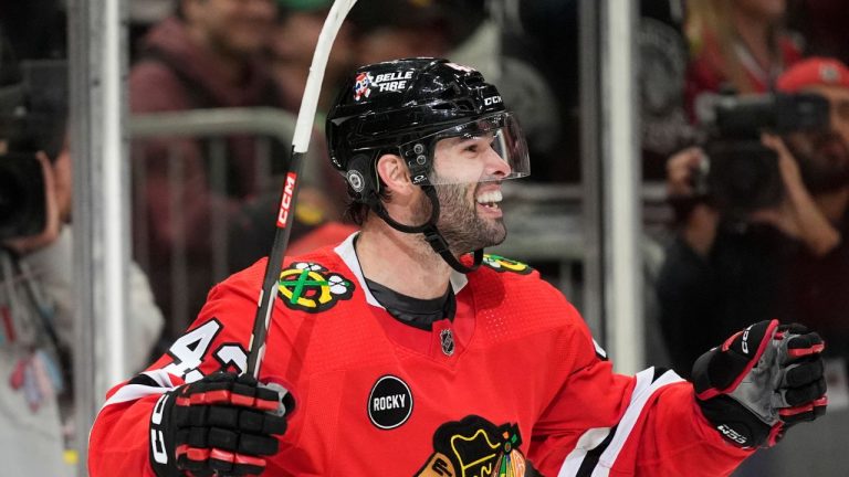 Chicago Blackhawks center Colin Blackwell reacts after scoring a hat trick during the third period of an NHL hockey game against the Arizona Coyotes, Sunday, March 10, 2024, in Chicago. (Erin Hooley/AP Photo)