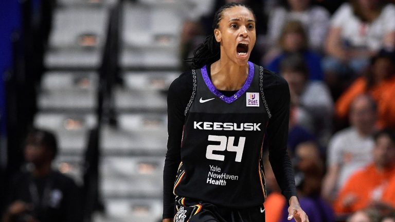 Connecticut Sun forward DeWanna Bonner (24) reacts during the fourth quarter of a WNBA basketball game against the Indiana Fever, Tuesday, May 14, 2024, in Uncasville, Conn. (Jessica Hill/AP)