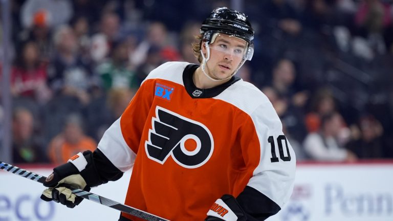 Philadelphia Flyers' Bobby Brink plays during an NHL hockey game, Tuesday, April 16, 2024, in Philadelphia. (Matt Slocum/AP)
