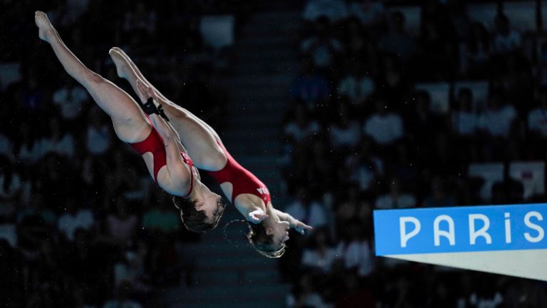 Canada's Caeli McKay and Kate Miller compete in the women's synchronised 10m platform diving final at the 2024 Summer Olympics, Wednesday, July 31, 2024, in Saint-Denis, France. (Jin Lee Man/AP)