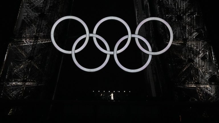 Celine Dion sings from Eiffel Tower during opening ceremony for the 2024 Summer Olympics in Paris on Friday, July 26, 2024. (Christinne Muschi/CP)